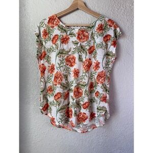 Joie 100% Linen Floral Cap Sleeve Top Orange White Womens Medium Boho Summer